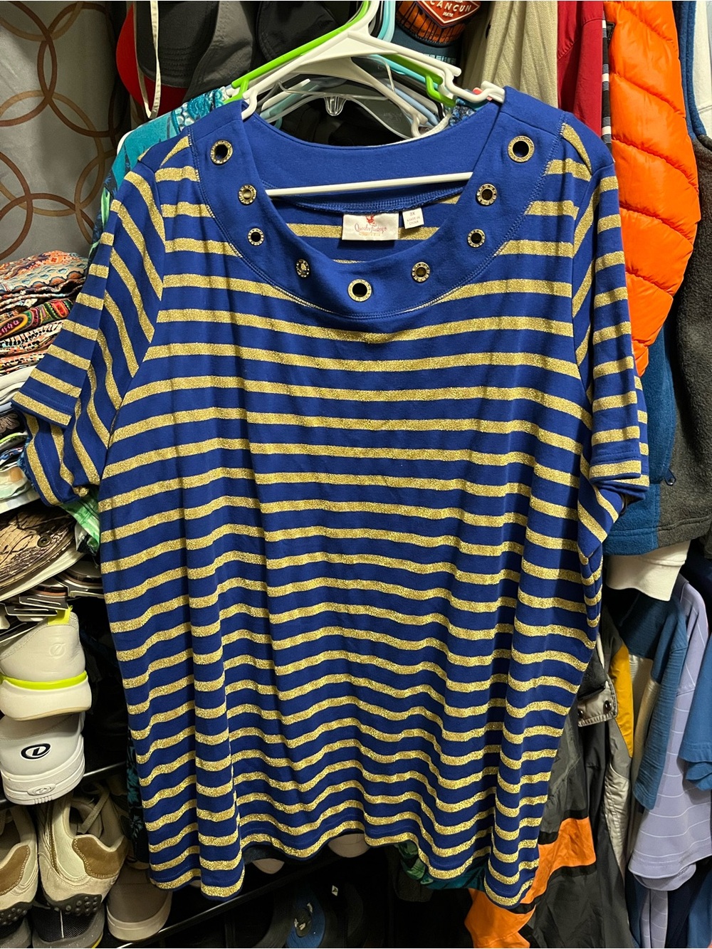 Quacker Factory Blue and Gold Stripe Grommet Short Sleeve Tee